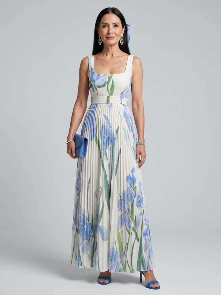Lisa | Refined Pleated Floral Print Maxi Holiday Dress