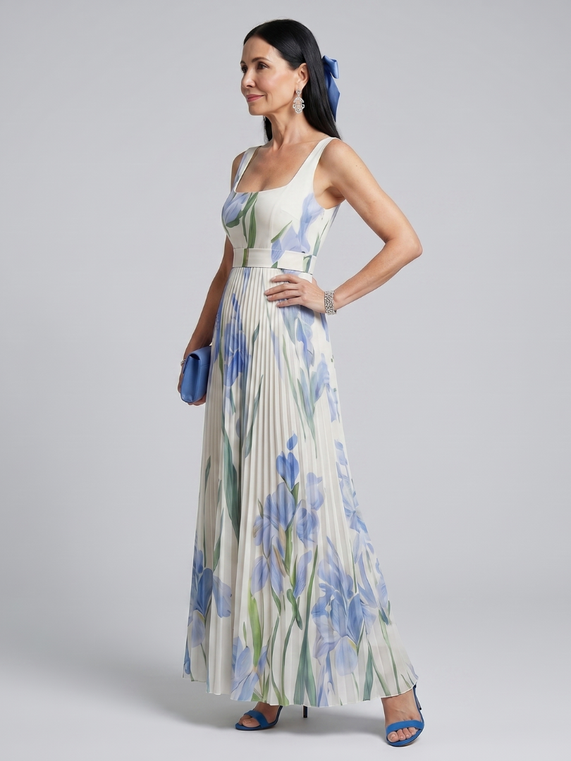 Lisa | Refined Pleated Floral Print Maxi Holiday Dress