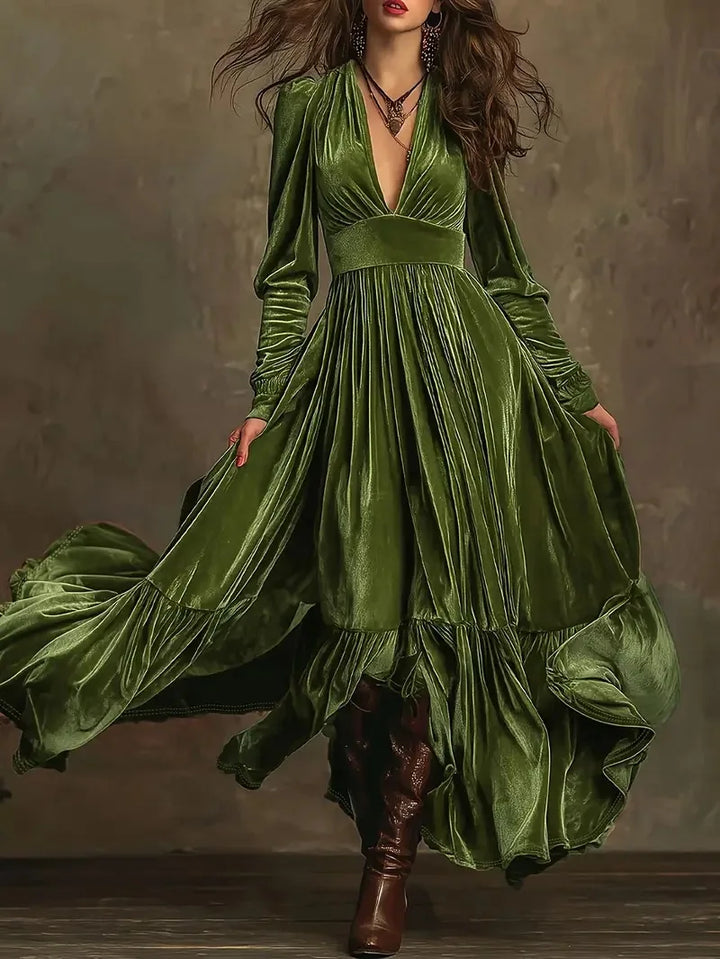 Lori | Effortless Plunge Neckline Pleated Maxi Christmas Dress