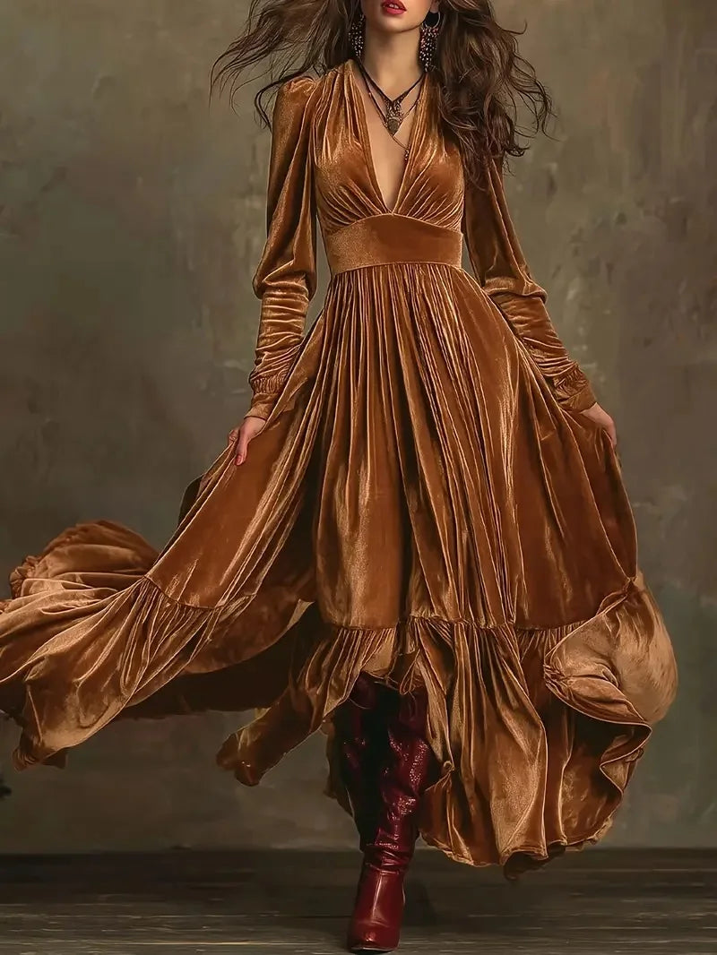 Lori | Effortless Plunge Neckline Pleated Maxi Christmas Dress