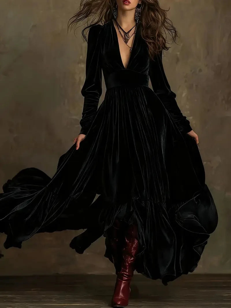 Lori | Effortless Plunge Neckline Pleated Maxi Christmas Dress