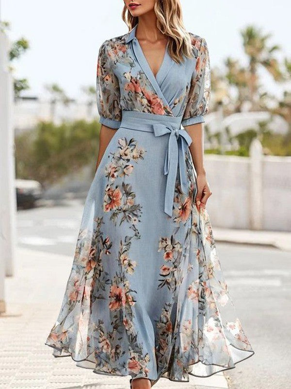 Madison | Classic Floral Wrap Holiday Dress with Tie Waist