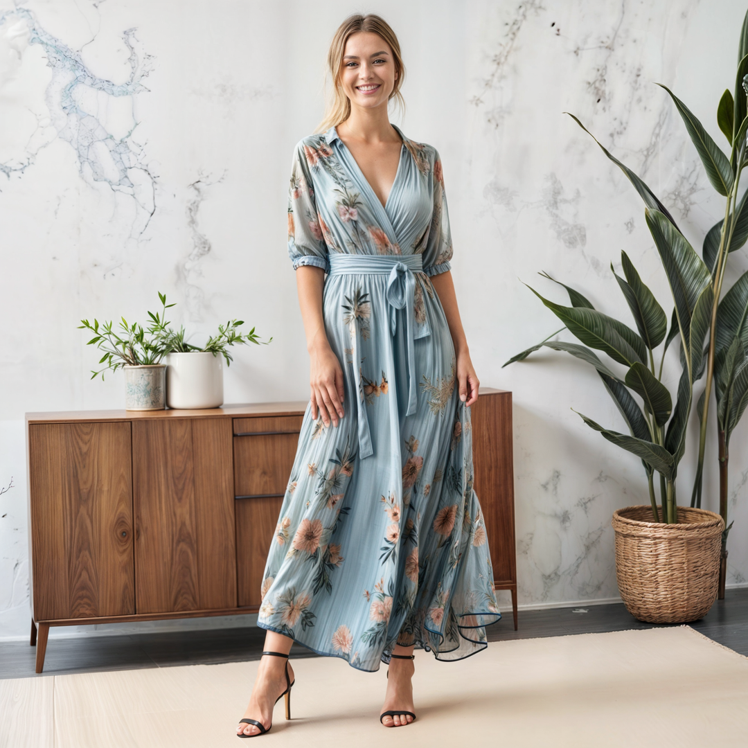 Madison | Classic Floral Wrap Holiday Dress with Tie Waist