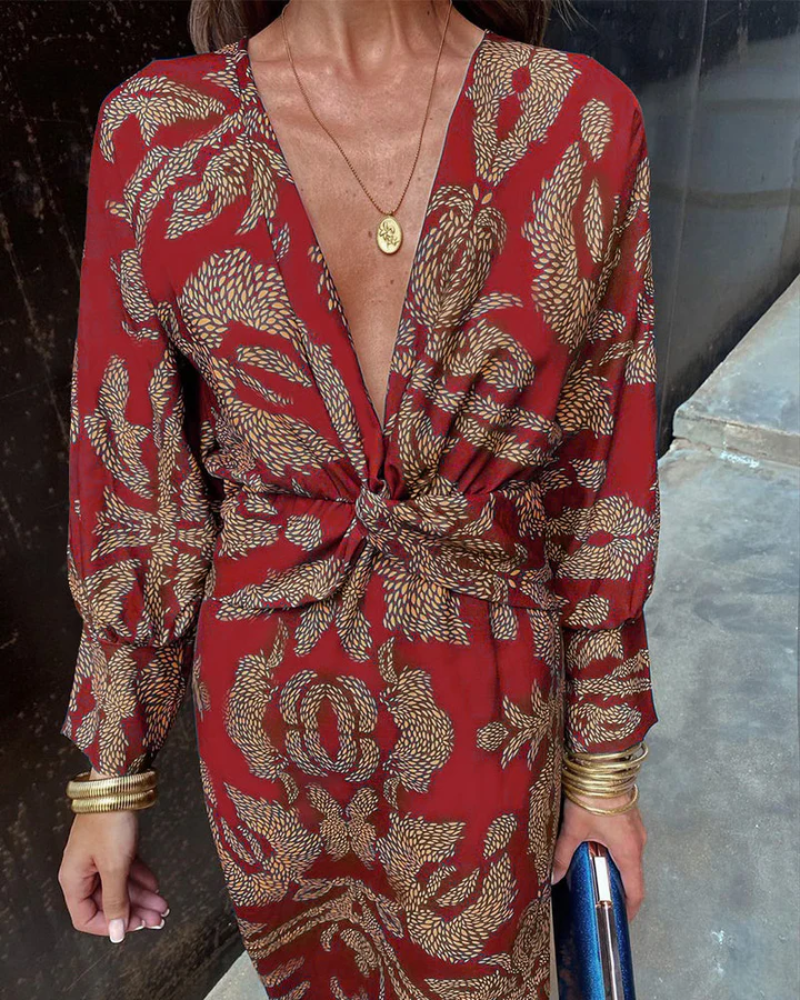 Margaret | Cozy Twist Front Paisley Print Fall Midi Dress