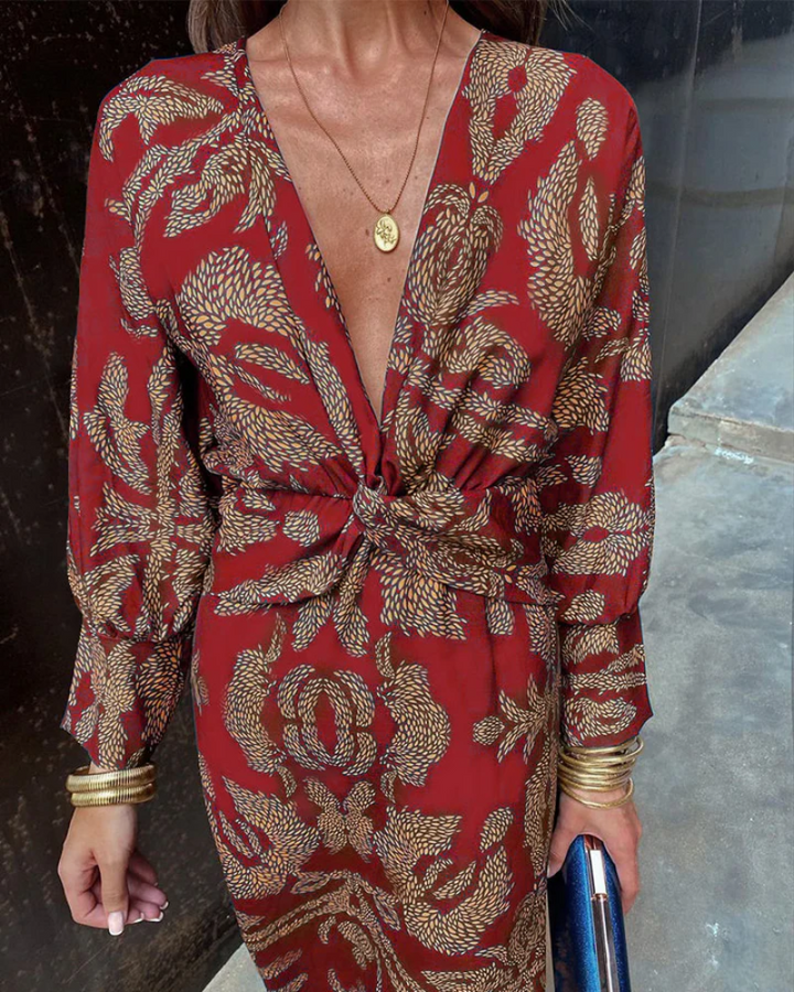 Margaret | Cozy Twist Front Paisley Print Fall Midi Dress