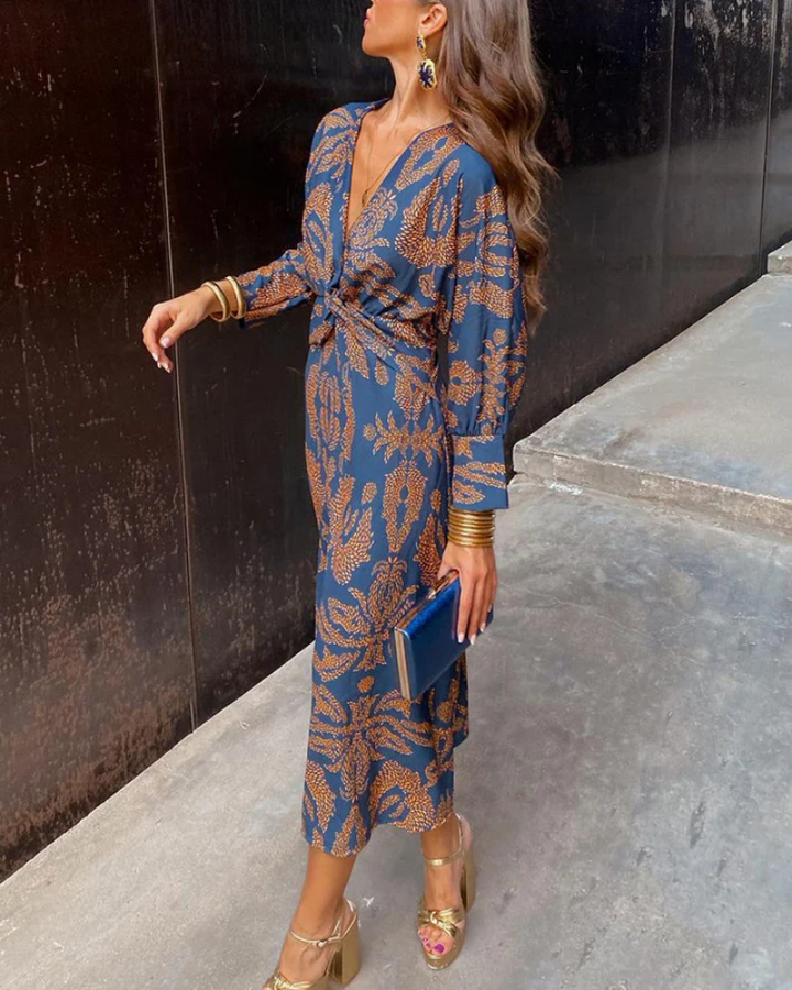 Margaret | Cozy Twist Front Paisley Print Fall Midi Dress