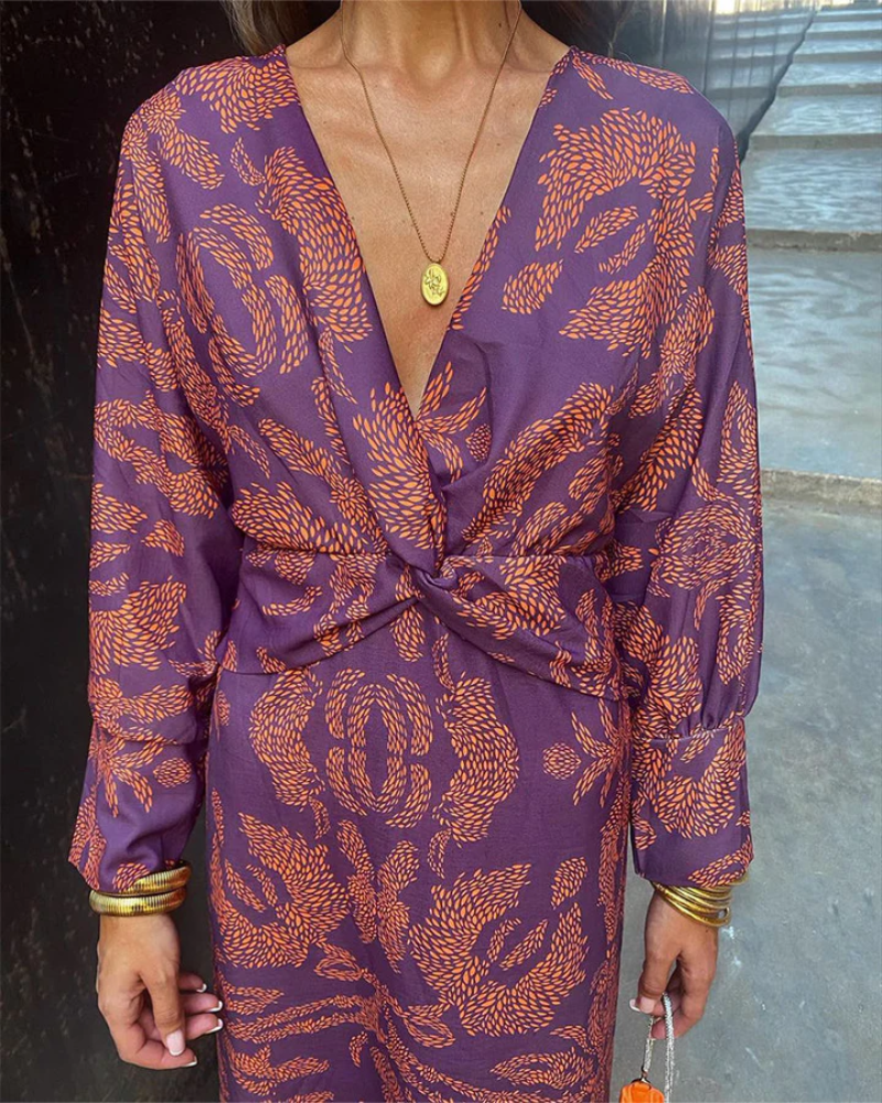 Margaret | Cozy Twist Front Paisley Print Fall Midi Dress