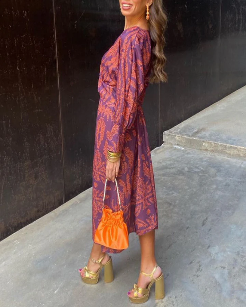 Margaret | Cozy Twist Front Paisley Print Fall Midi Dress