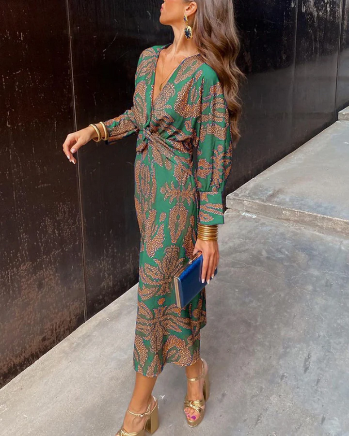 Margaret | Cozy Twist Front Paisley Print Fall Midi Dress