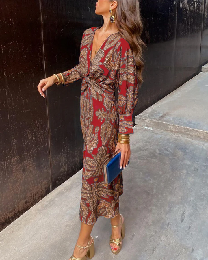 Margaret | Cozy Twist Front Paisley Print Fall Midi Dress
