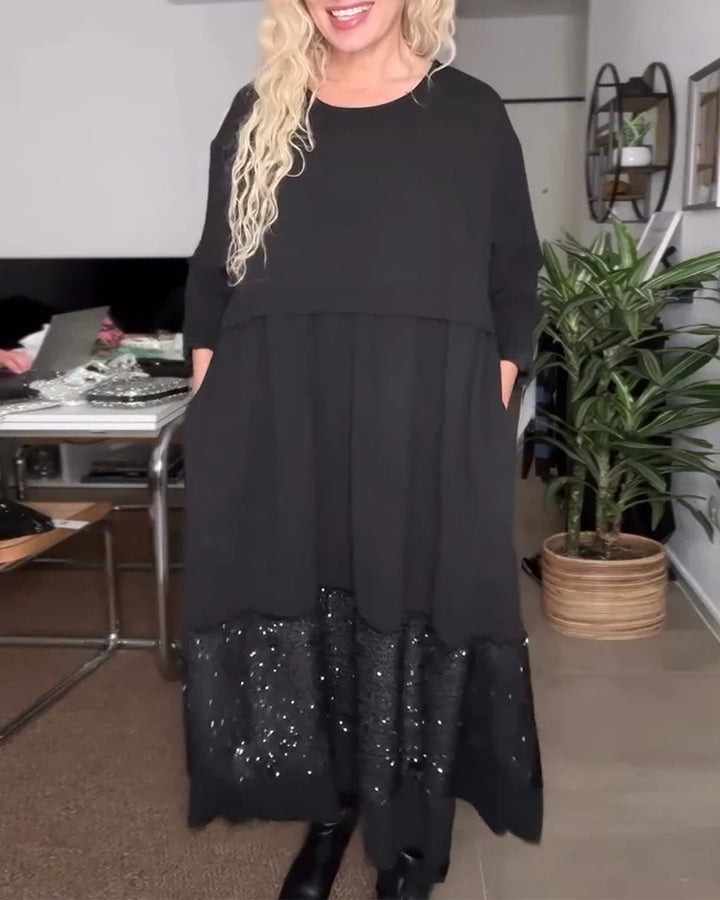 Maria | Cozy Long Sleeve Sequin Hem Christmas Midi Dress