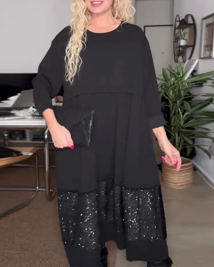 Maria | Cozy Long Sleeve Sequin Hem Christmas Midi Dress