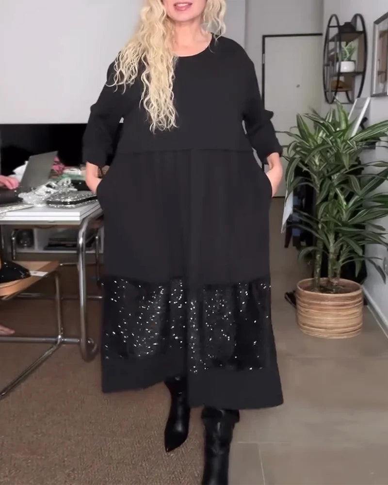 Maria | Cozy Long Sleeve Sequin Hem Christmas Midi Dress