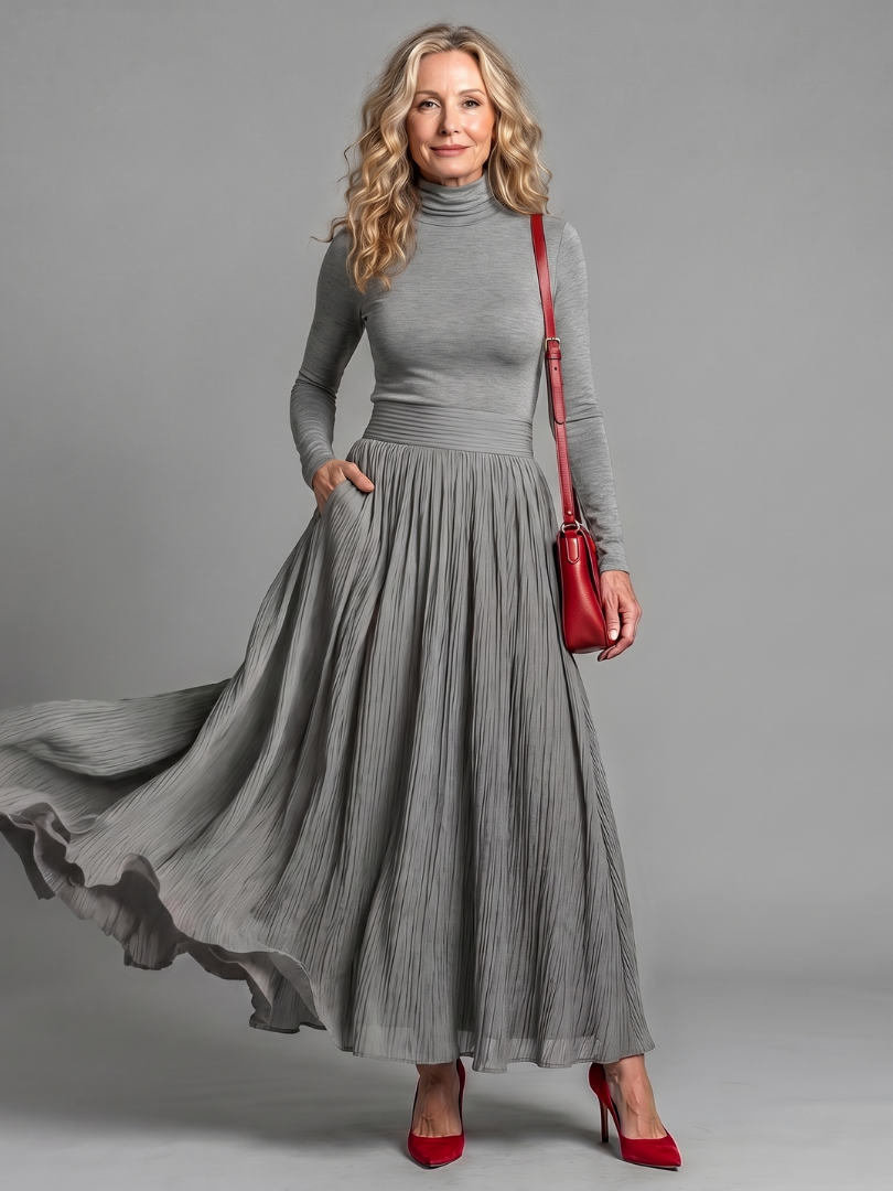 Marilyn | Classic Pleated Turtleneck Midi Winter Dress