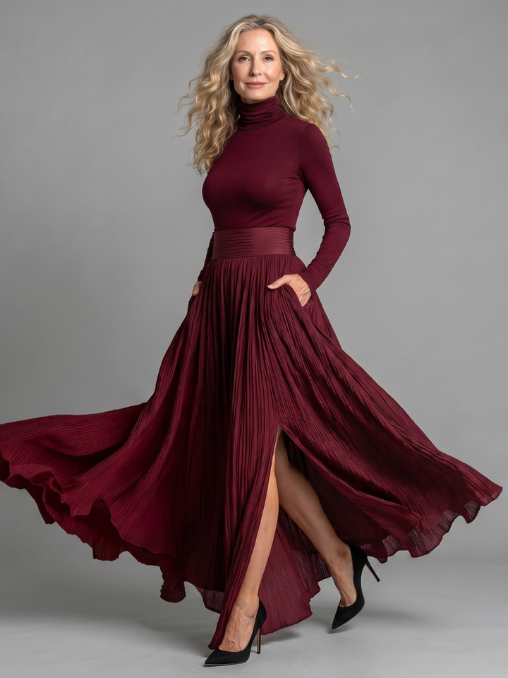 Marilyn | Classic Pleated Turtleneck Midi Winter Dress