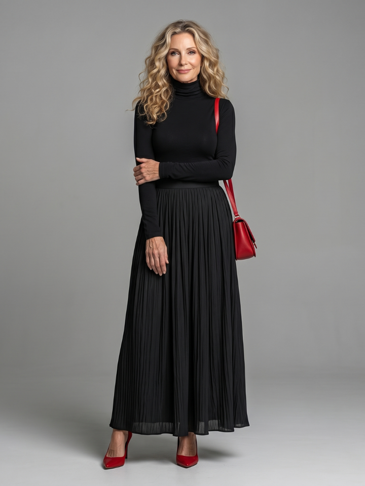 Marilyn | Classic Pleated Turtleneck Midi Winter Dress