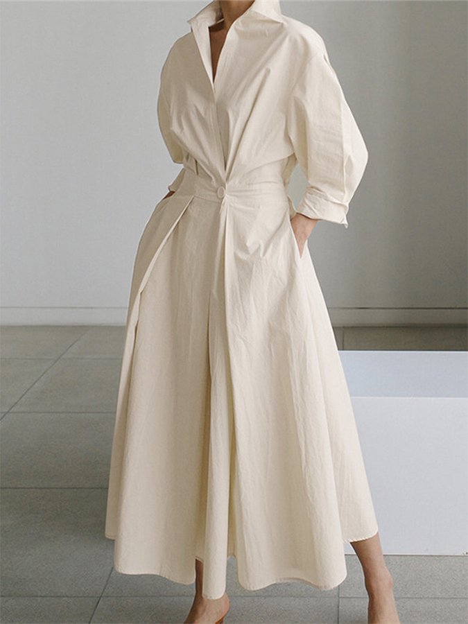 Marilyn | Effortless Collared Long Sleeve Dress with Pleated Maxi Skirt