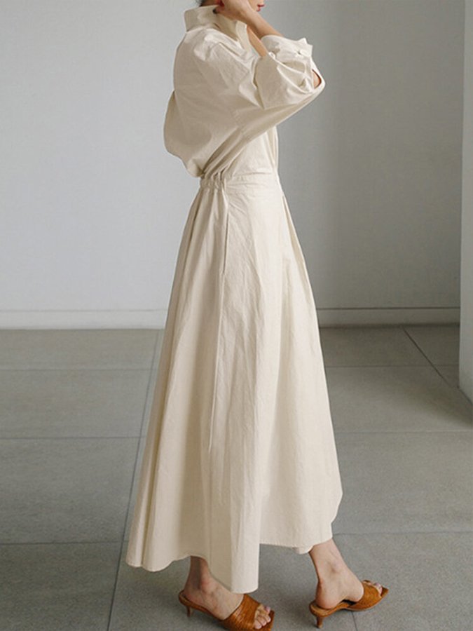 Marilyn | Effortless Collared Long Sleeve Dress with Pleated Maxi Skirt