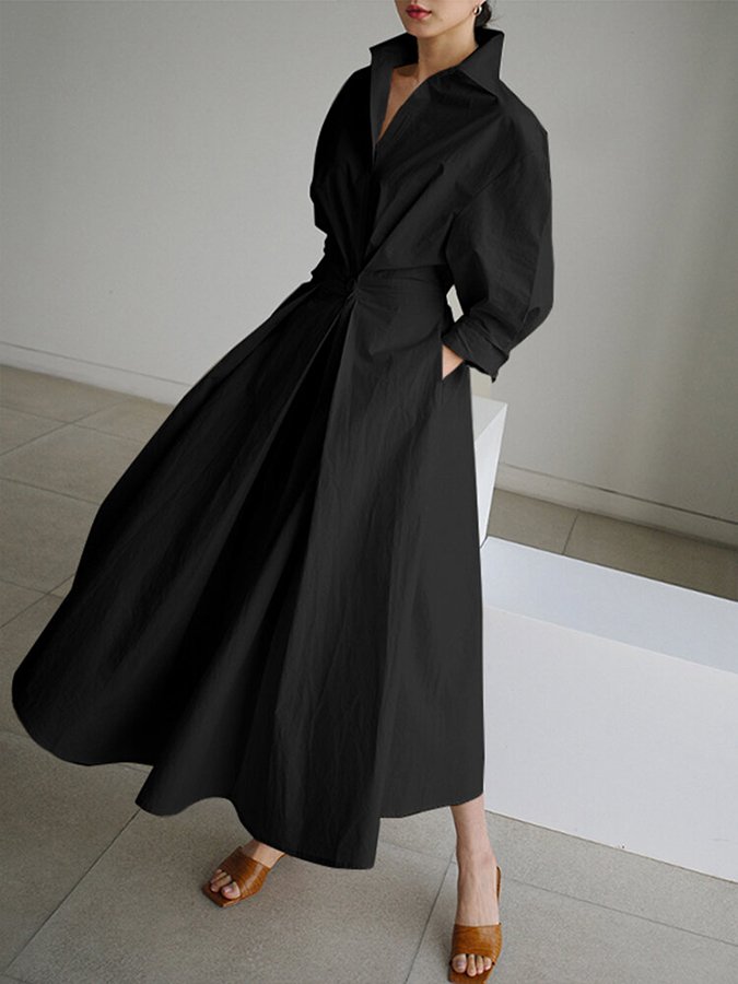 Marilyn | Effortless Collared Long Sleeve Dress with Pleated Maxi Skirt