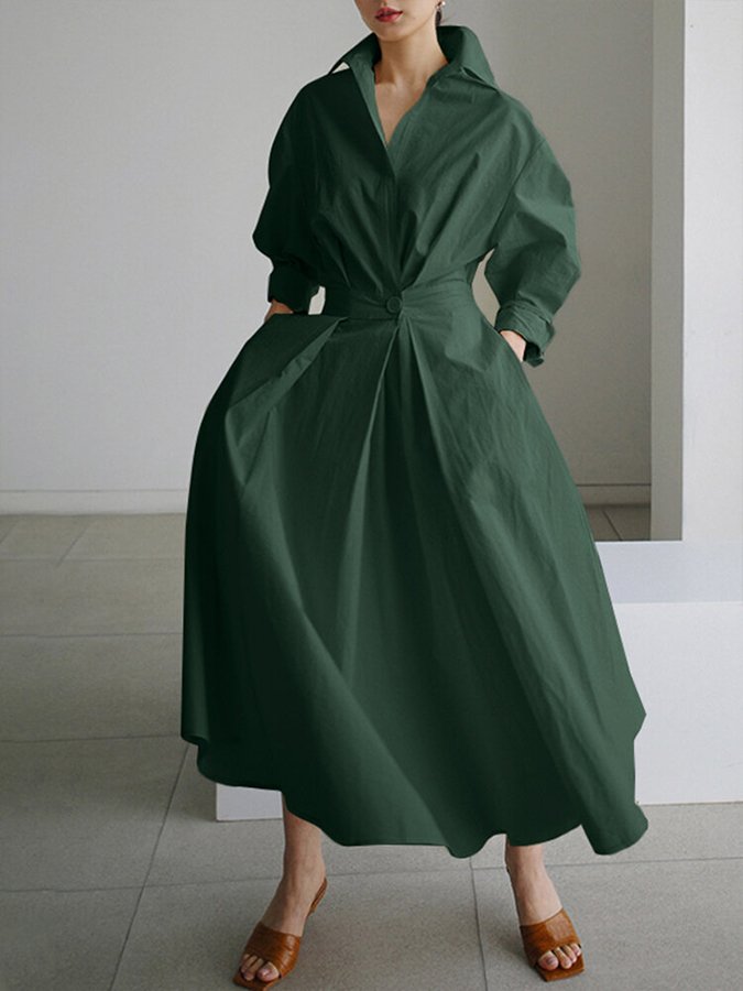 Marilyn | Effortless Collared Long Sleeve Dress with Pleated Maxi Skirt