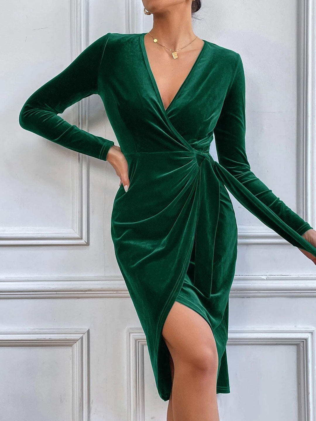 Marilyn | Graceful Velvet Wrap Christmas Dress with Side Slit