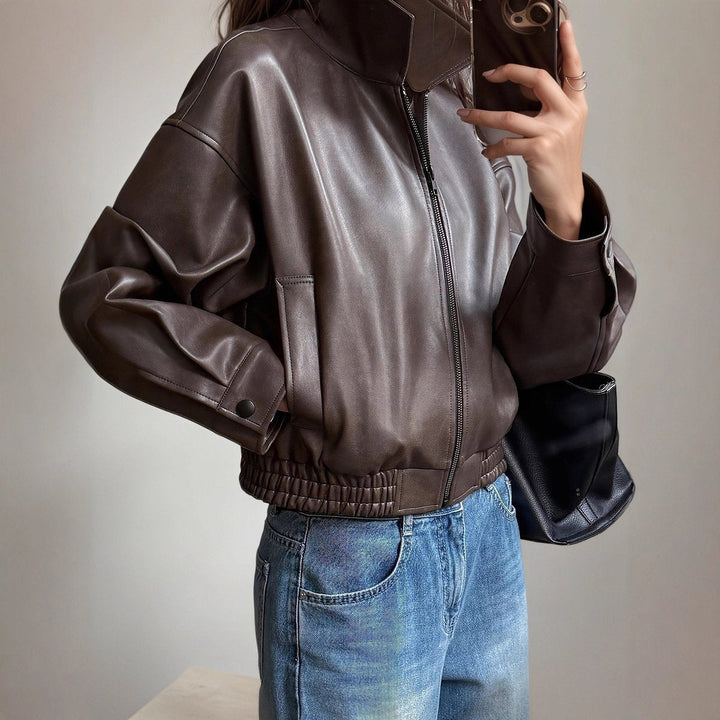 Martha | Effortless Zip-Up Leather Bomber Jacket with Stand Collar