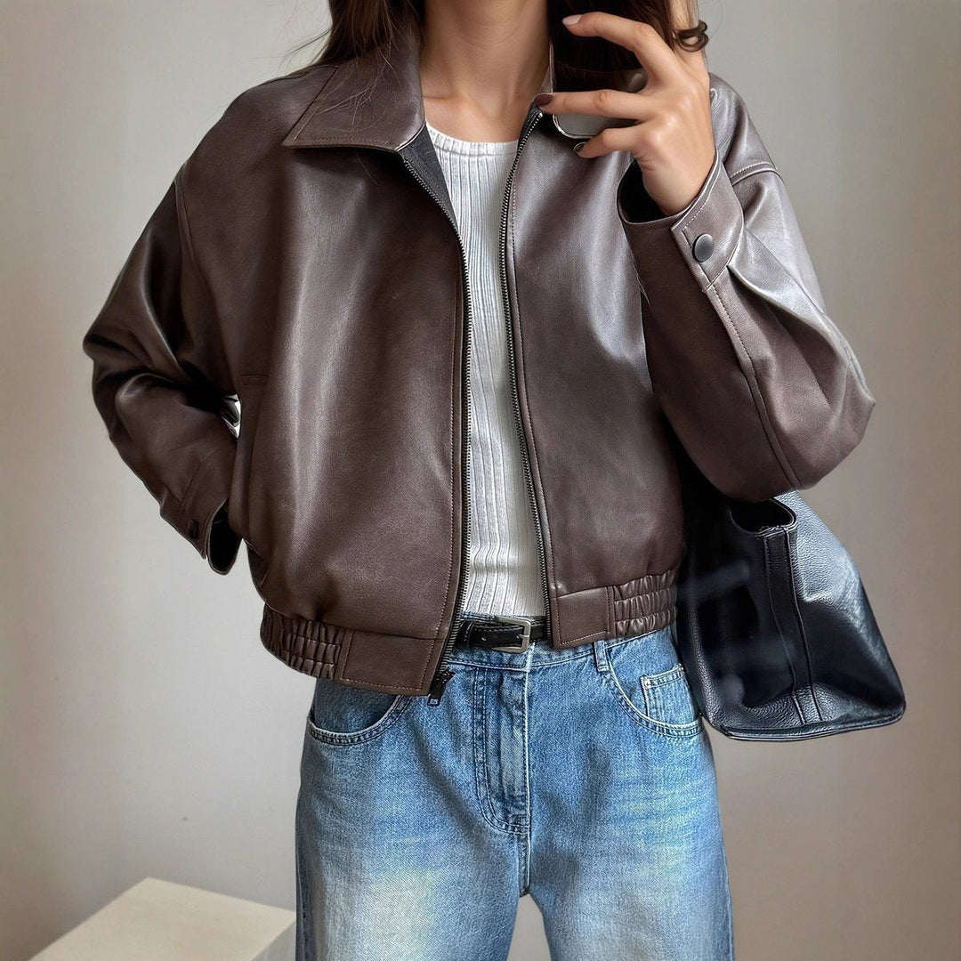 Martha | Effortless Zip-Up Leather Bomber Jacket with Stand Collar
