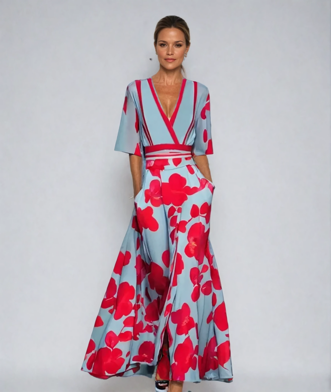 Martha | Polished Floral Print Wrap Maxi Holiday Dress
