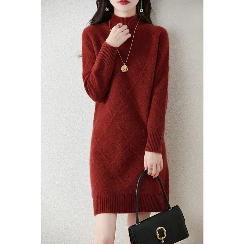 Megan | Relaxed Argyle Knit Mock Neck Winter Dress