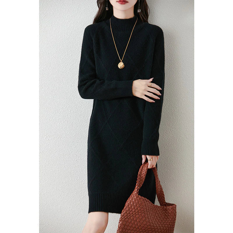 Megan | Relaxed Argyle Knit Mock Neck Winter Dress