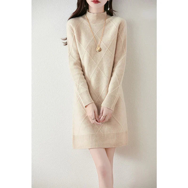 Megan | Relaxed Argyle Knit Mock Neck Winter Dress
