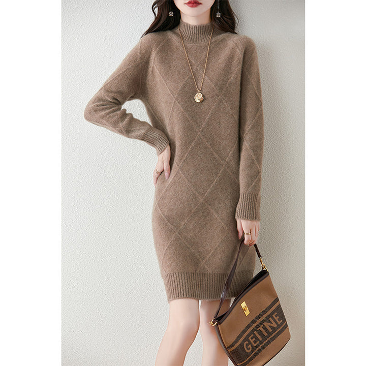 Megan | Relaxed Argyle Knit Mock Neck Winter Dress