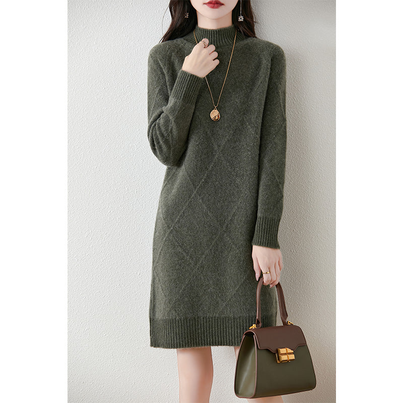 Megan | Relaxed Argyle Knit Mock Neck Winter Dress
