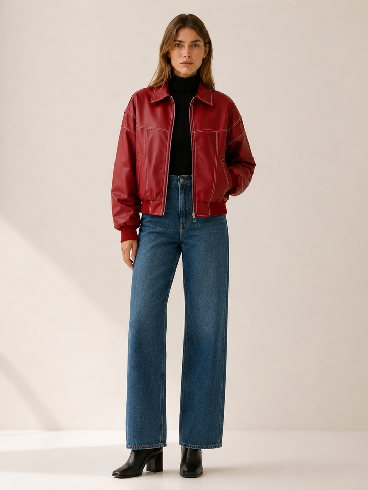 Melissa | Cozy Contrast Stitch Leather Bomber Jacket