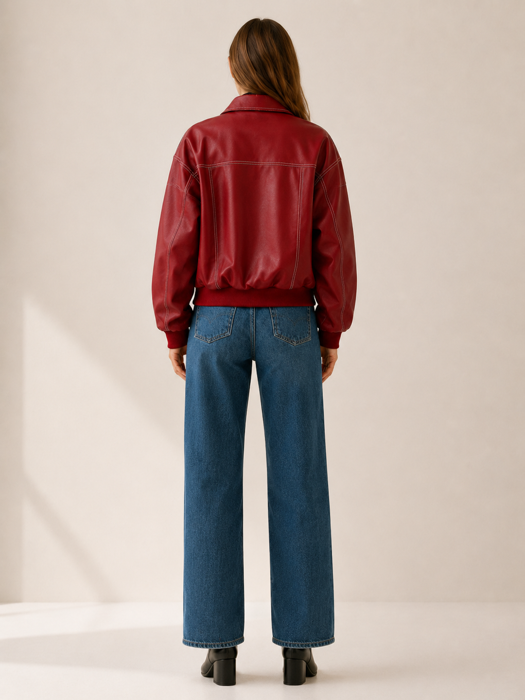 Melissa | Cozy Contrast Stitch Leather Bomber Jacket