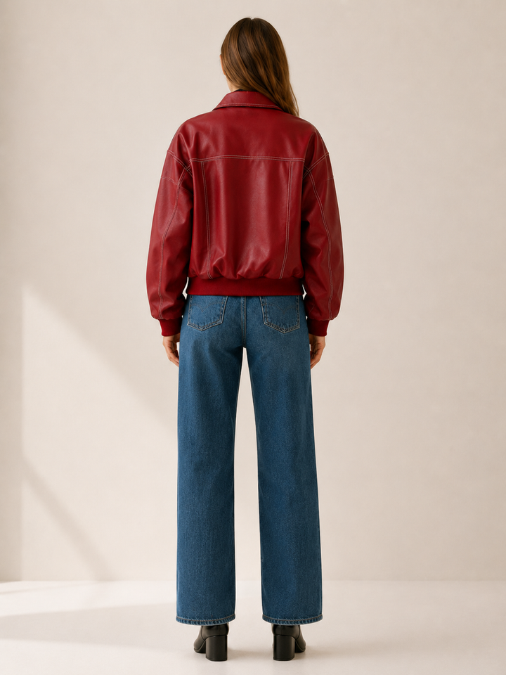 Melissa | Cozy Contrast Stitch Leather Bomber Jacket
