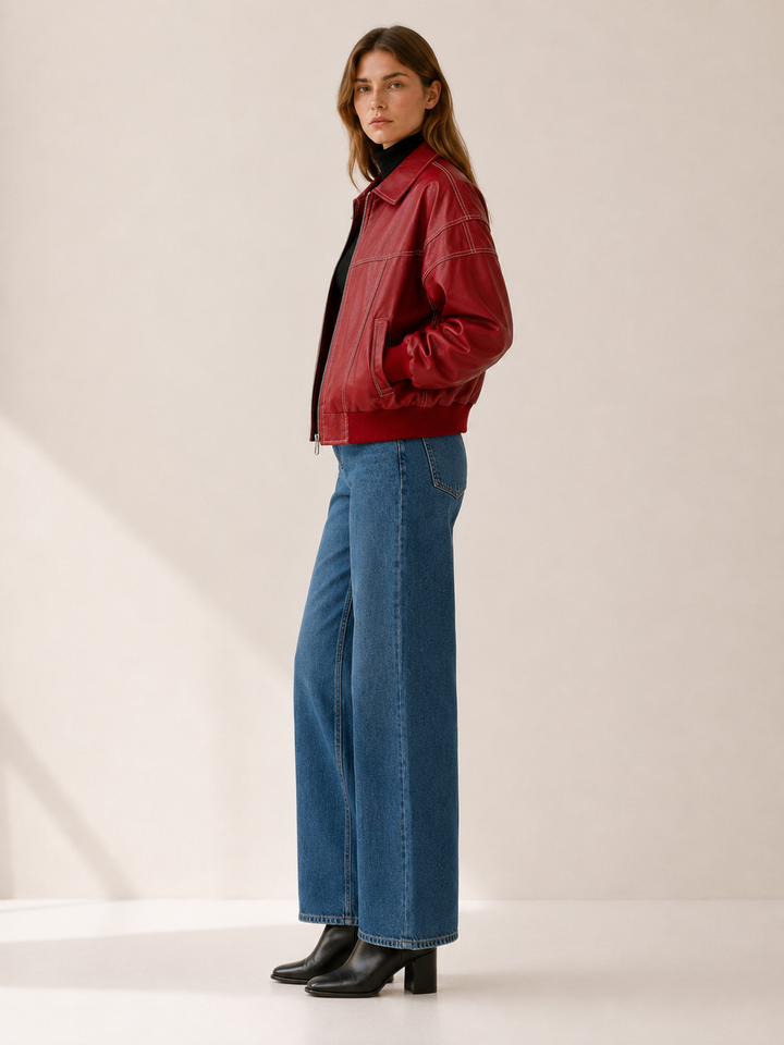 Melissa | Cozy Contrast Stitch Leather Bomber Jacket