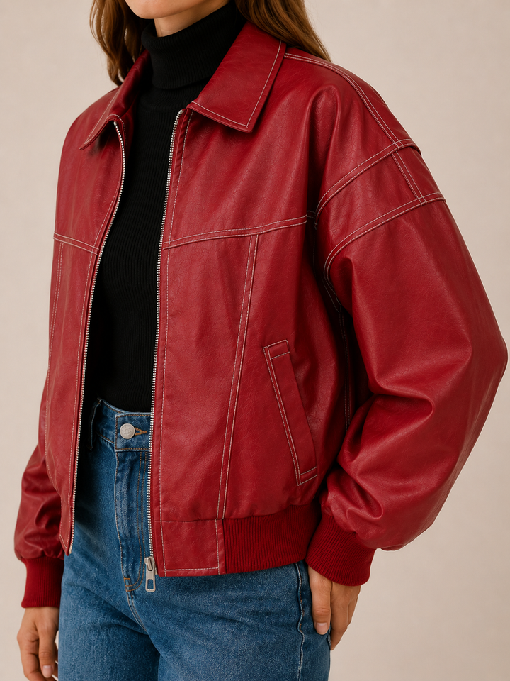 Melissa | Cozy Contrast Stitch Leather Bomber Jacket