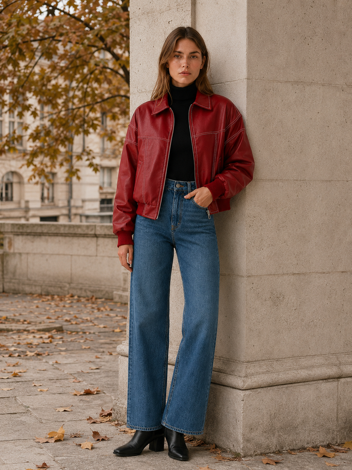 Melissa | Cozy Contrast Stitch Leather Bomber Jacket
