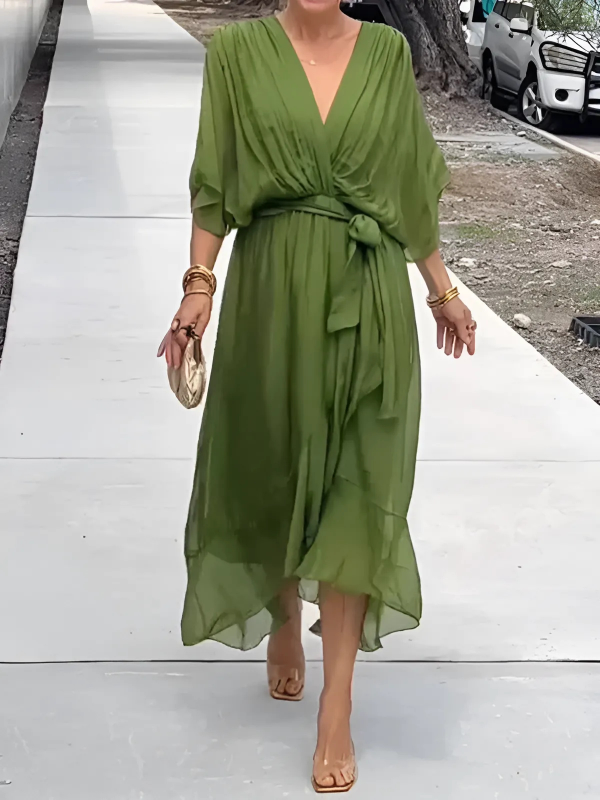 Melissa | Sophisticated V-Neck Wrap Tie-Waist Fall Maxi Dress