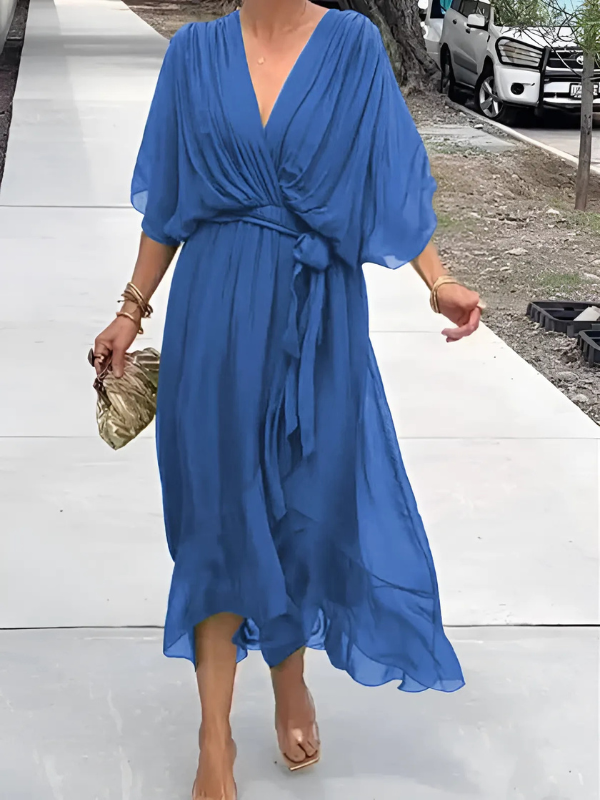 Melissa | Sophisticated V-Neck Wrap Tie-Waist Fall Maxi Dress
