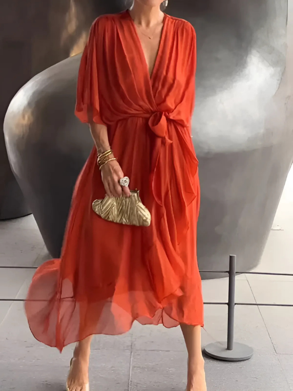 Melissa | Sophisticated V-Neck Wrap Tie-Waist Fall Maxi Dress