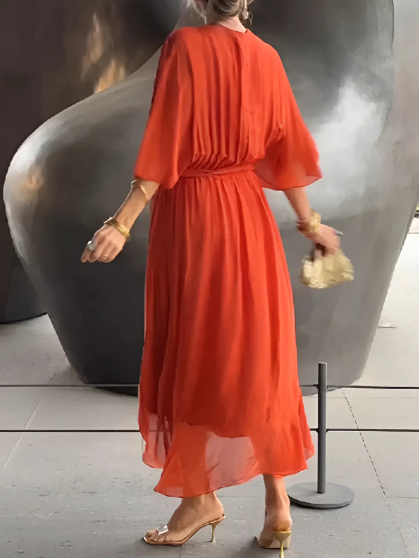 Melissa | Sophisticated V-Neck Wrap Tie-Waist Fall Maxi Dress