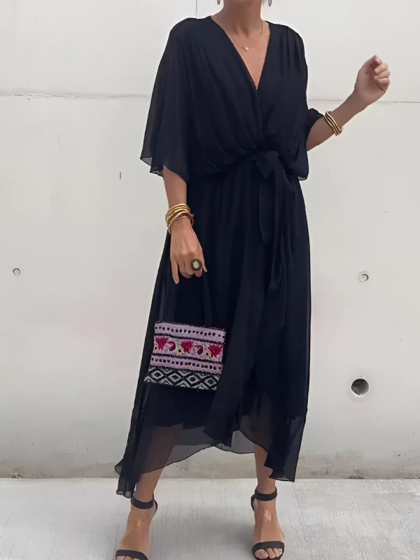 Melissa | Sophisticated V-Neck Wrap Tie-Waist Fall Maxi Dress
