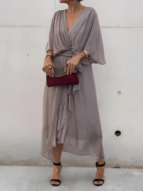 Melissa | Sophisticated V-Neck Wrap Tie-Waist Fall Maxi Dress