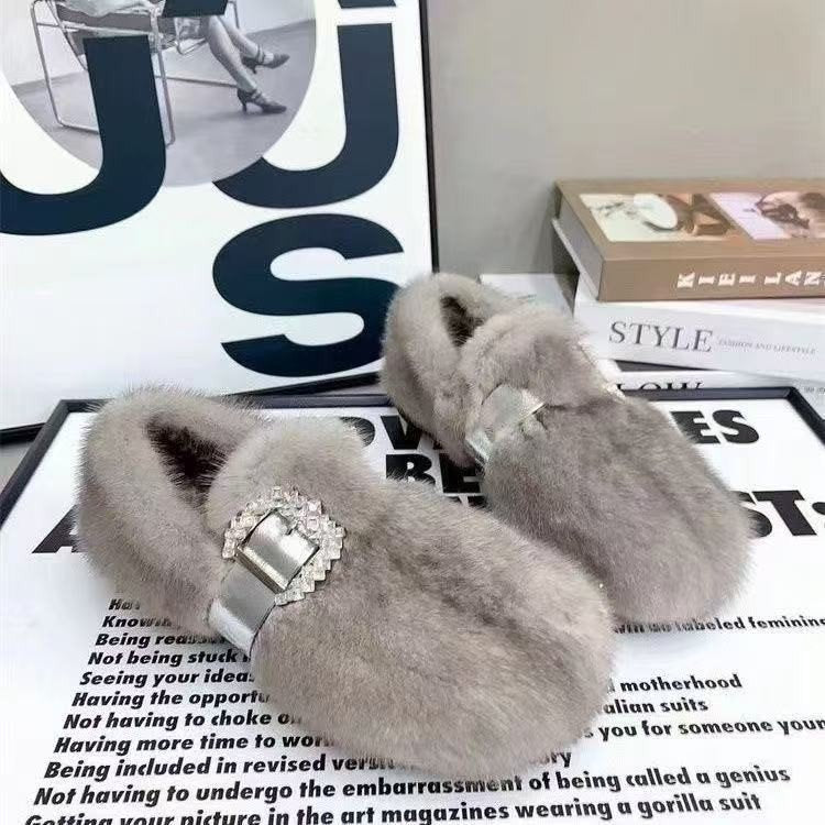 Michelle | Chic Fuzzy Crystal Buckle Slide Slippers