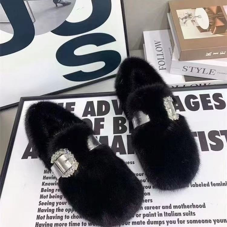 Michelle | Chic Fuzzy Crystal Buckle Slide Slippers