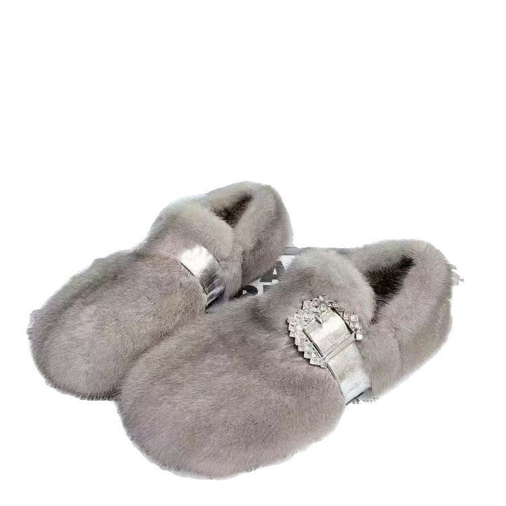 Michelle | Chic Fuzzy Crystal Buckle Slide Slippers
