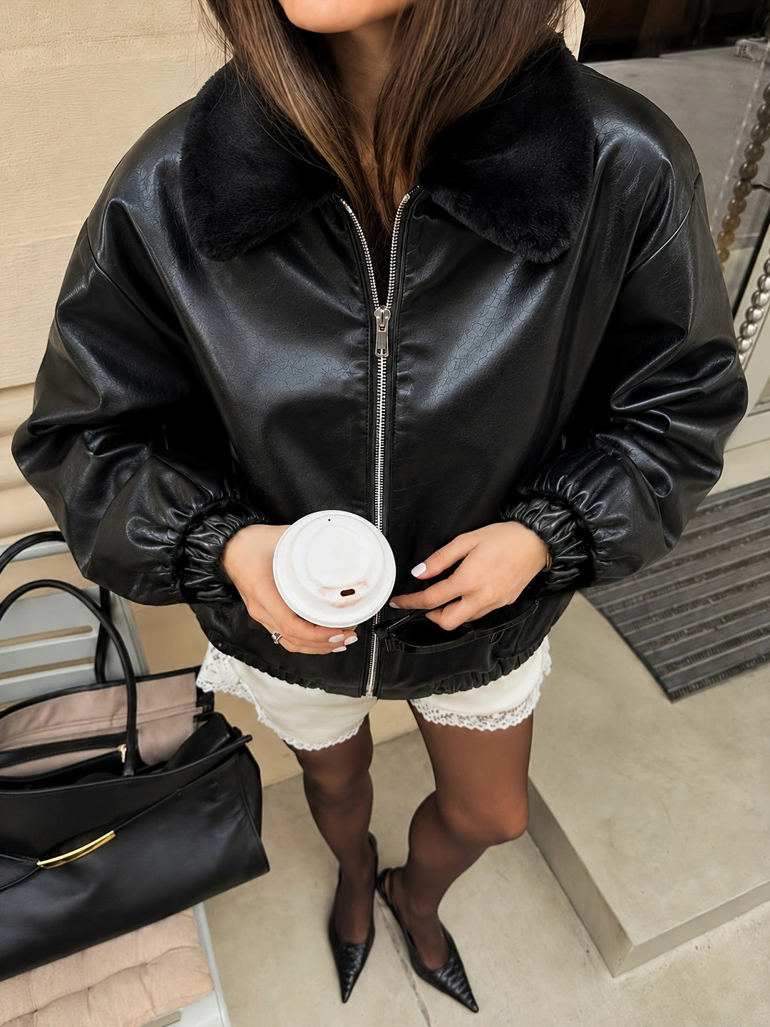Michelle | Stylish Bomber Jacket with Faux Fur Collar and Zip Front