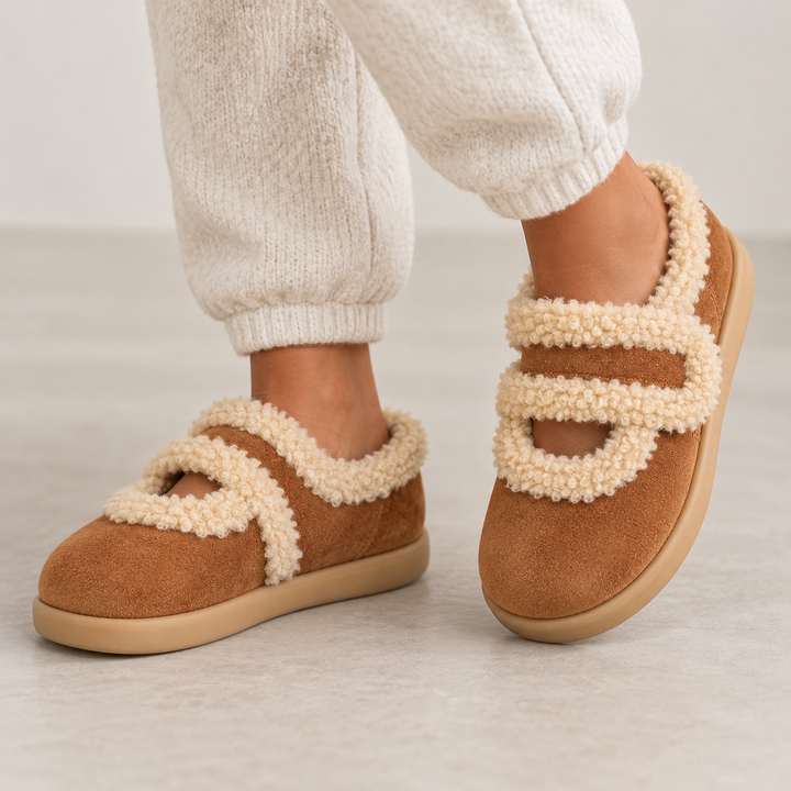 Natalie | Polished Fuzzy Trim Mary Jane Slippers